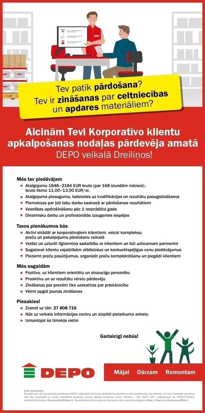 DEPO DIY, SIA Korporatīvo klientu apkalpošanas nodaļas pārdevējs/-a Dreiliņos