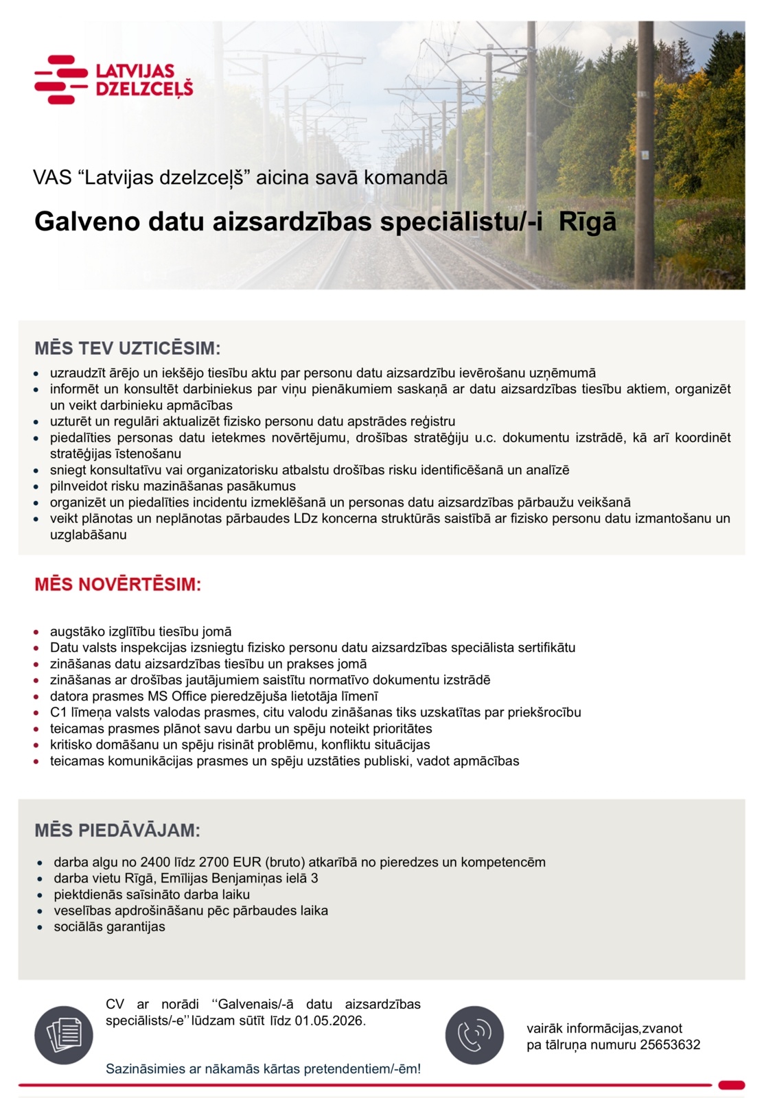 Latvijas dzelzceļš, VAS Galvenais/-ā datu aizsardzības speciālists/-e