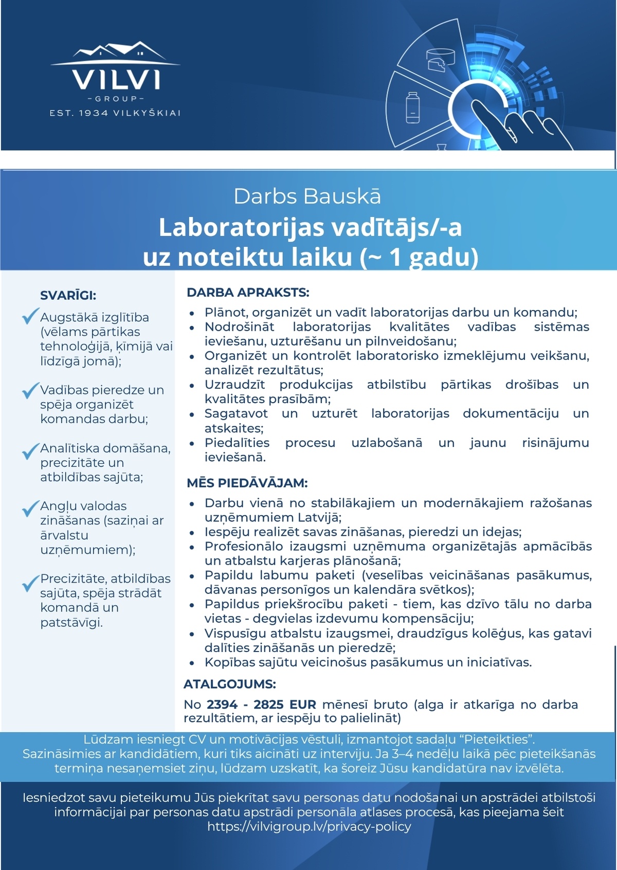 Baltic Dairy Board, SIA Laboratorijas vadītājs/-a