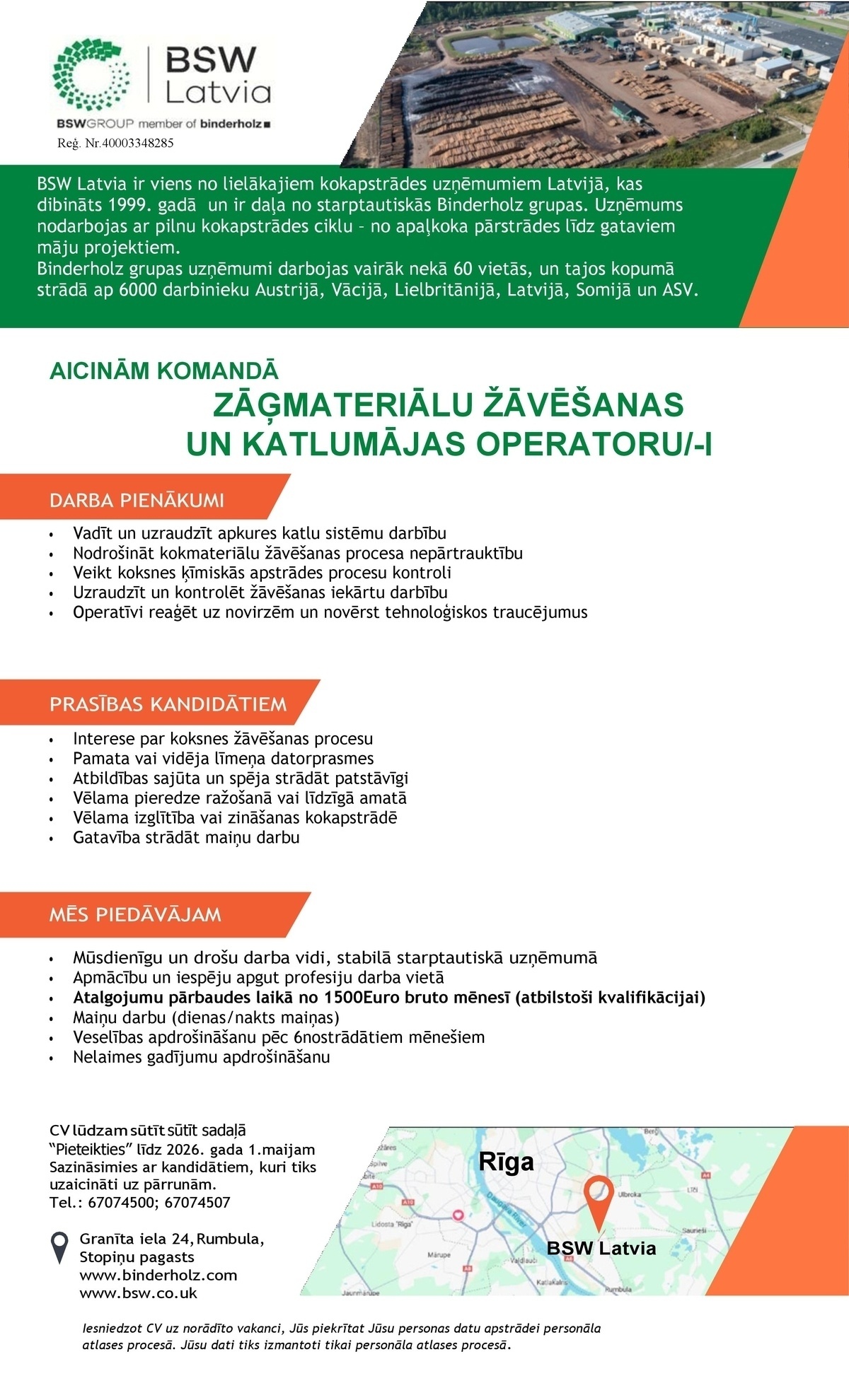 BSW LATVIA, SIA Zāģmateriālu žāvēšanas un katlumājas operators/-e