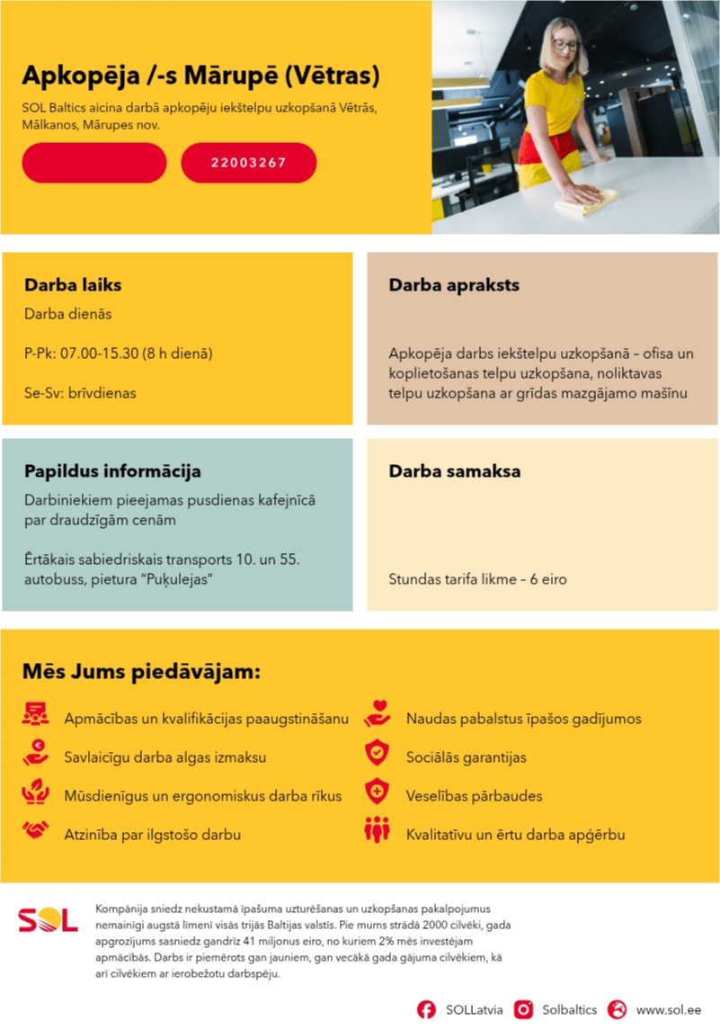 SOL BALTICS OU Latvijas filiāle Apkopēja /-s Mārupē (Vētras)