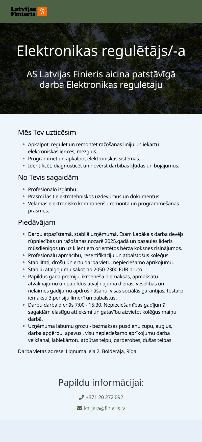 AS "Latvijas Finieris" Elektronikas regulētājs/-a