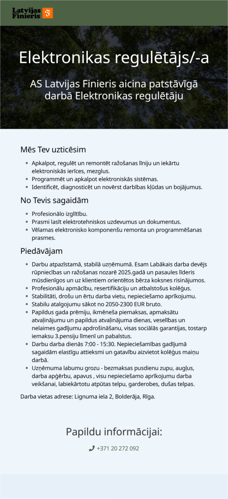 AS "Latvijas Finieris" Elektronikas regulētājs/-a
