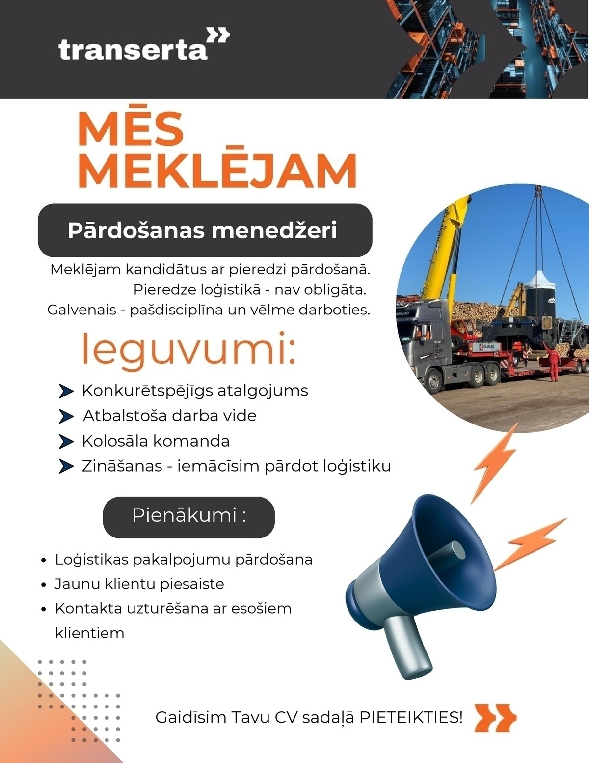 Transerta, SIA Pārdošanas menedžeris/-e