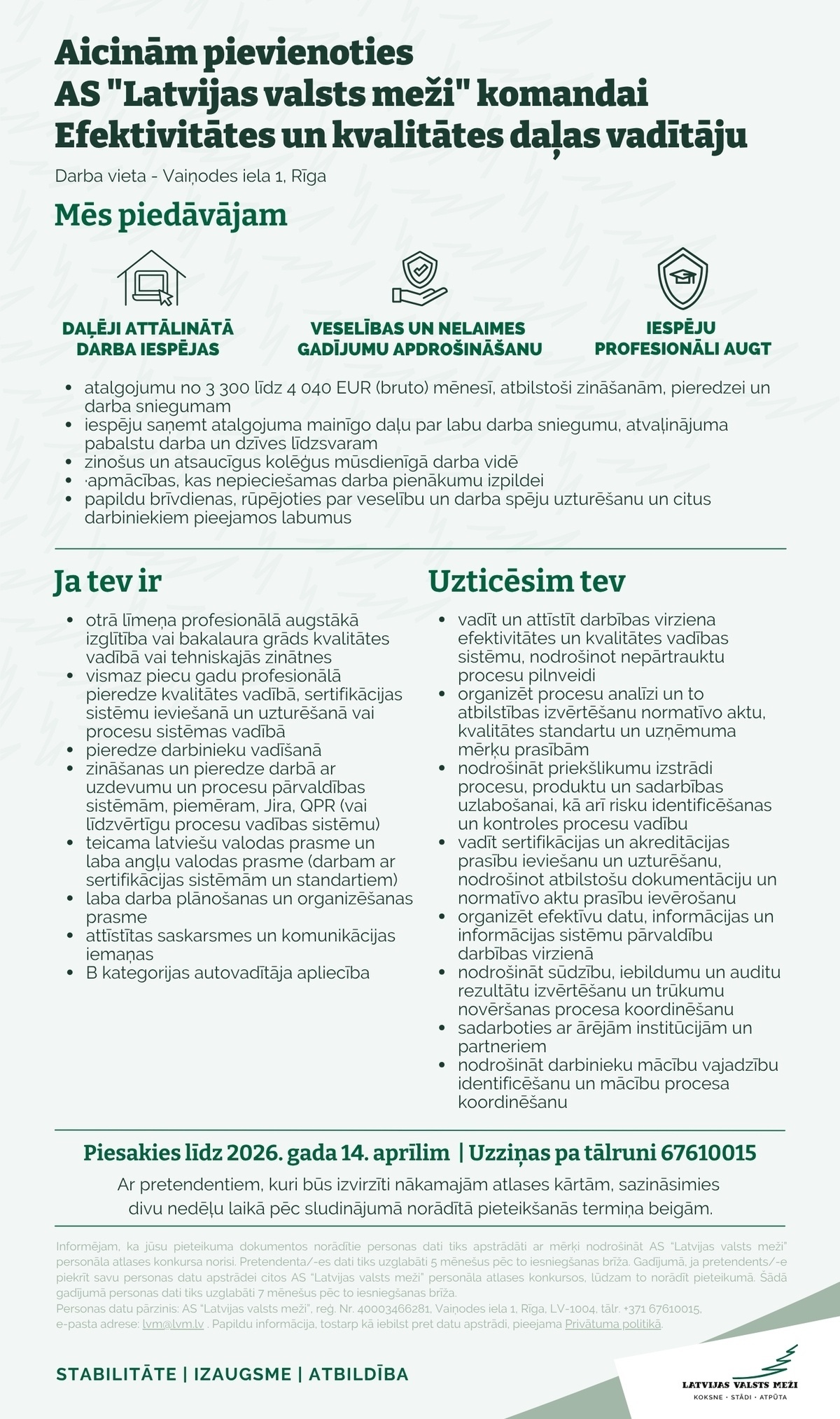 Latvijas valsts meži, AS Efektivitātes un kvalitātes daļas vadītājs/-a