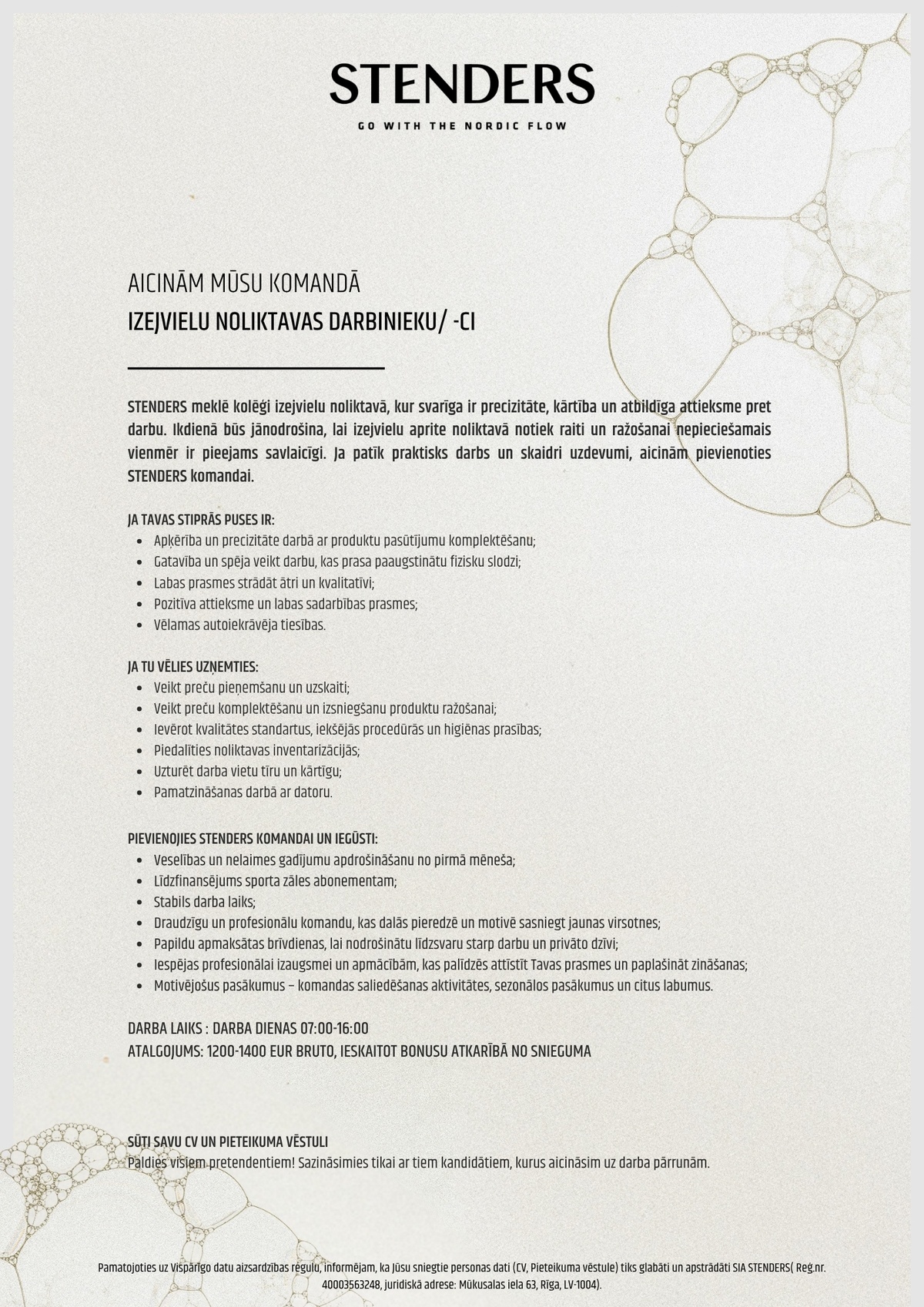 STENDERS, SIA Izejvielu noliktavas darbinieks/-ce