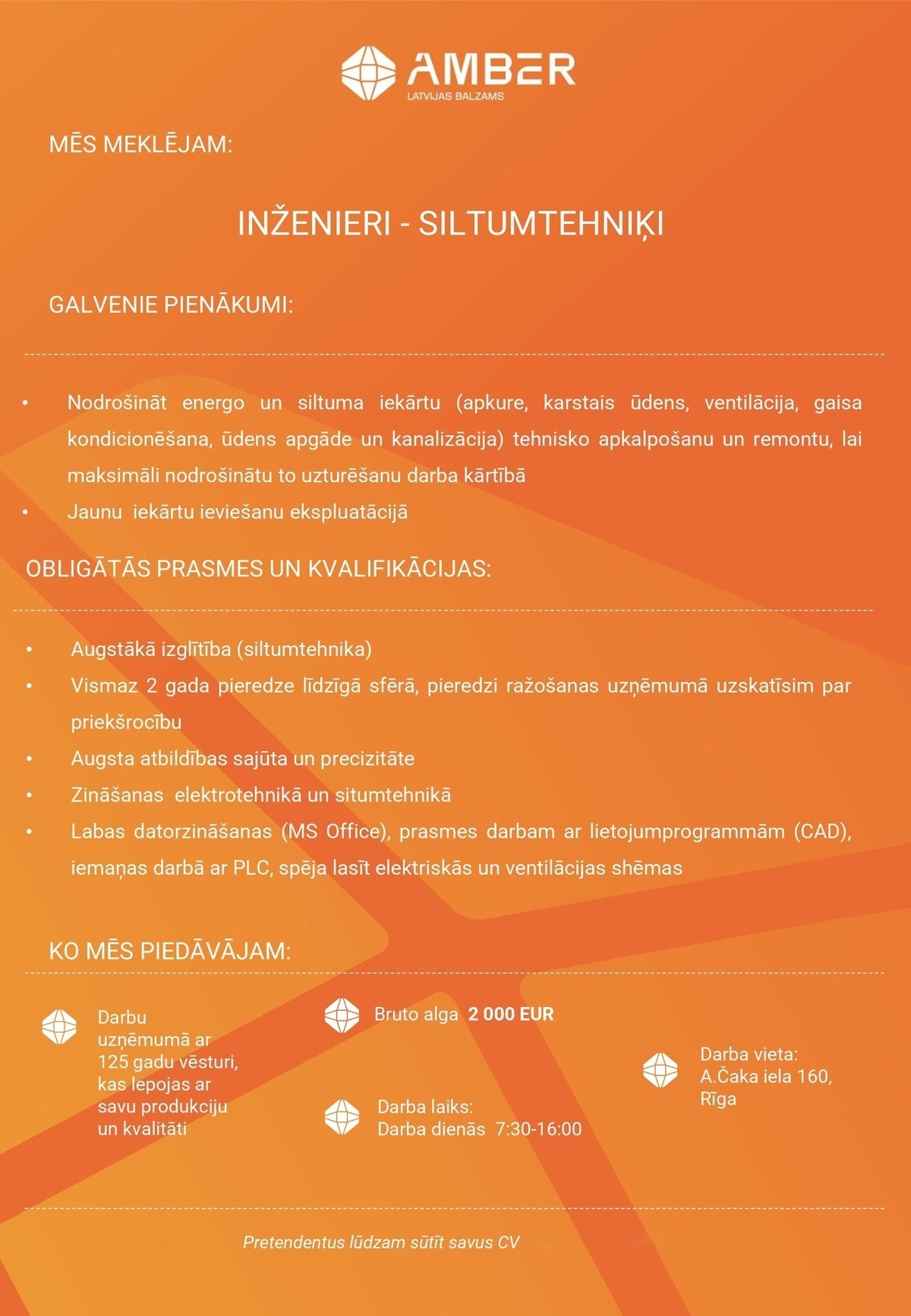 AMBER LATVIJAS BALZAMS, AS Inženieris/-e - siltumtehniķis/-e