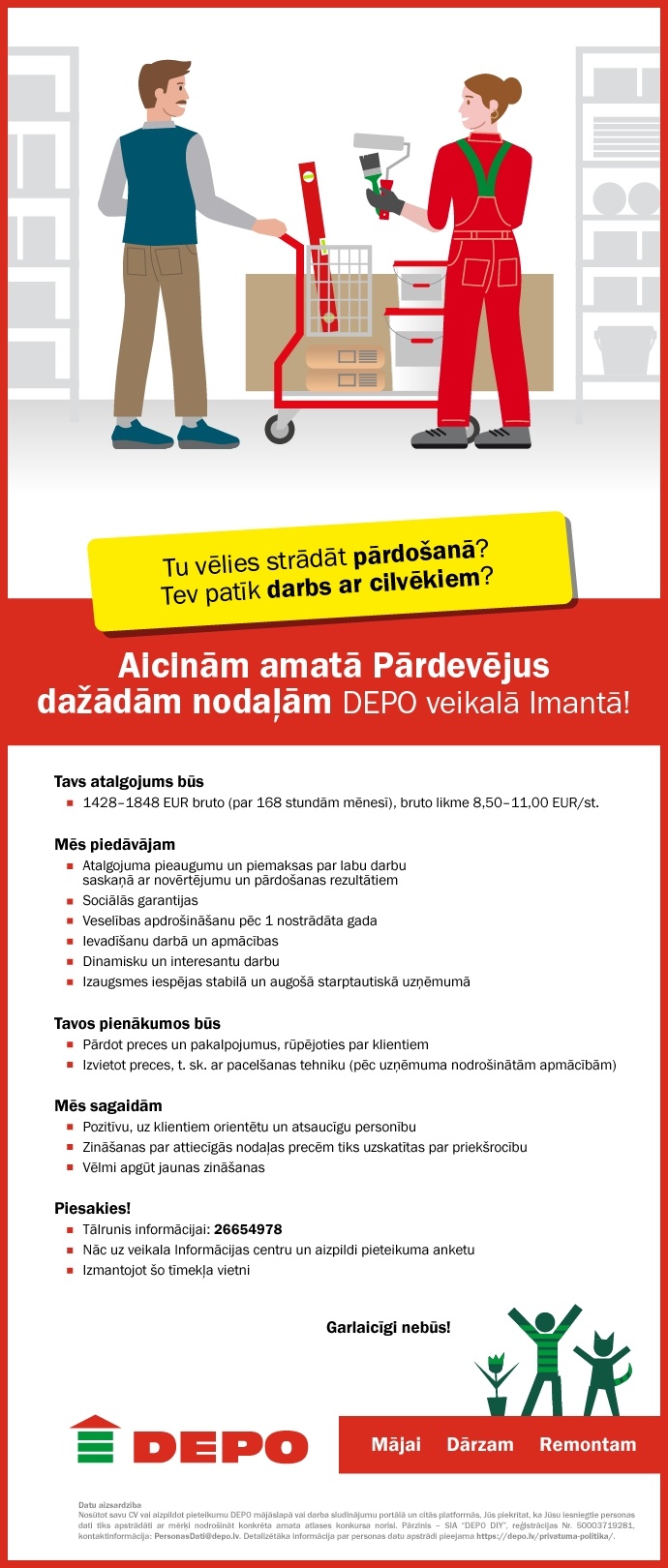 DEPO DIY, SIA Pārdevējs/-a dažādās nodaļās Imantā