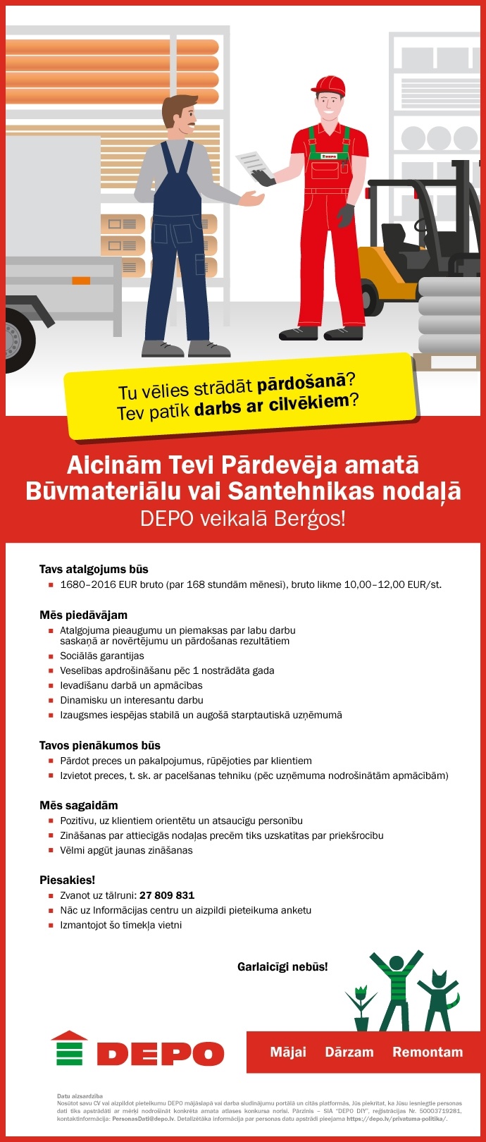 DEPO DIY, SIA Pārdevējs/-a būvmateriālu vai santehnikas nodaļā Berģos