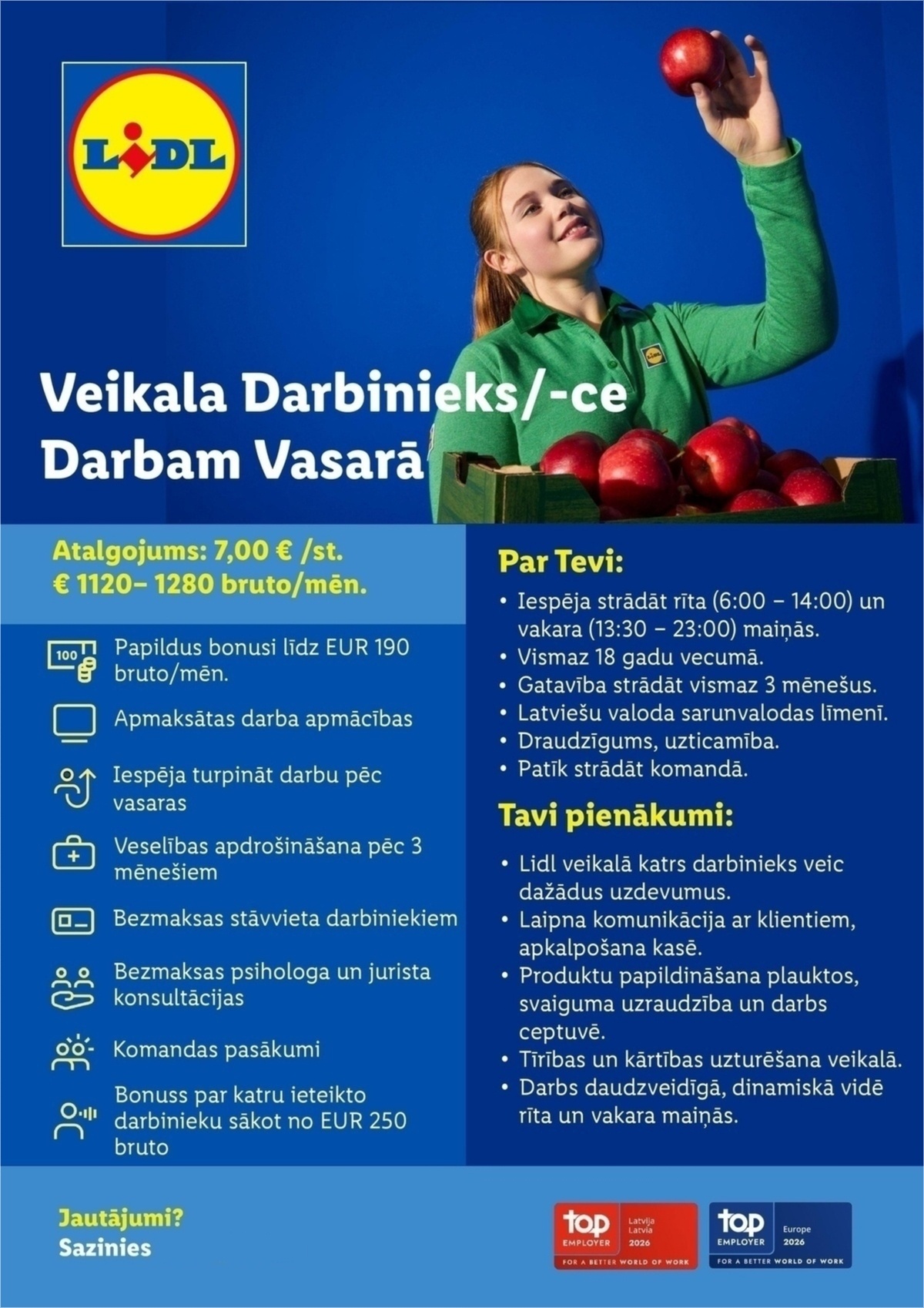 Lidl Latvija, SIA Vasaras darbs: veikala darbinieks/-ce Sarkandaugavā, Rīgā