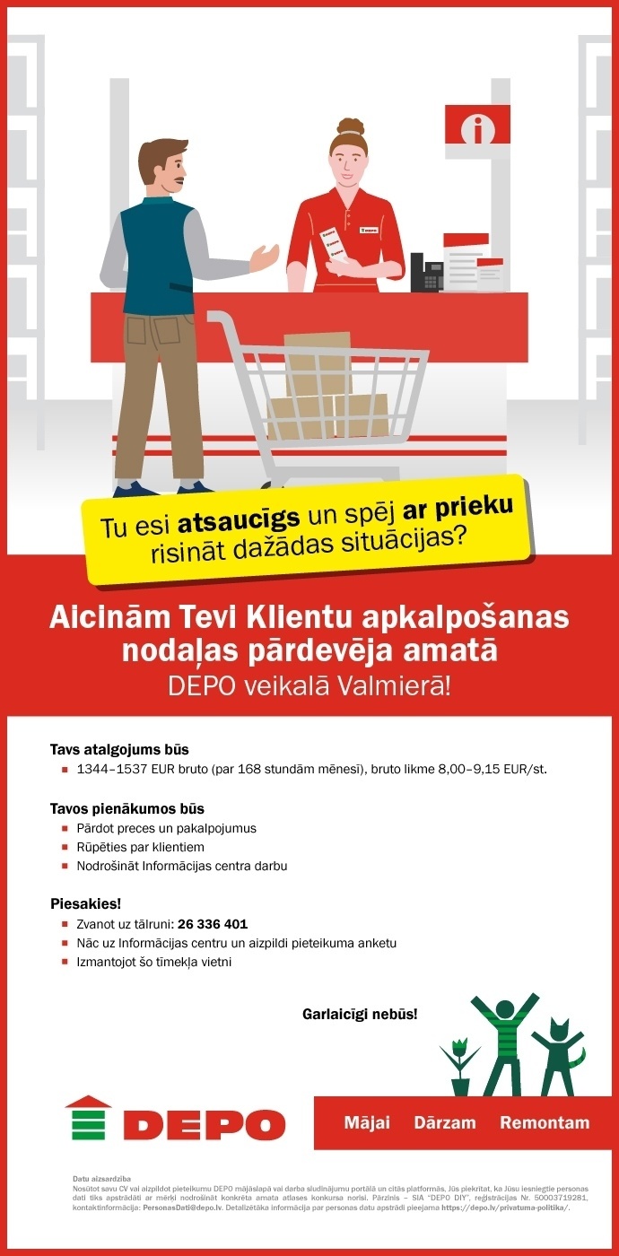 DEPO DIY, SIA Klientu apkalpošanas nodaļas pārdevējs/-a Valmierā