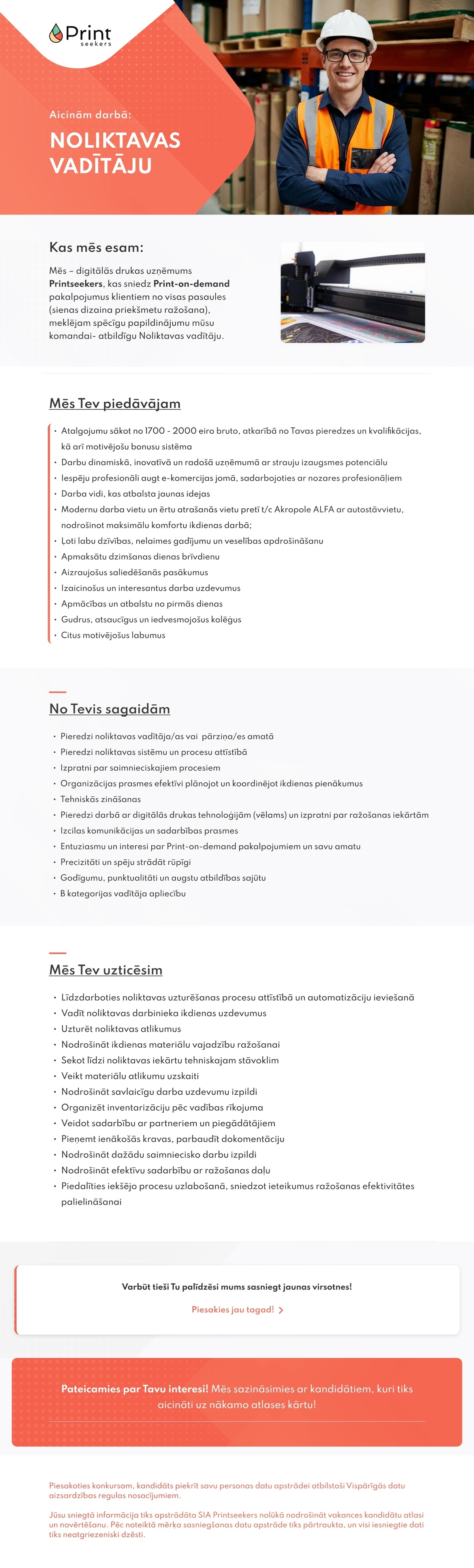Printseekers, SIA Noliktavas vadītājs/-a