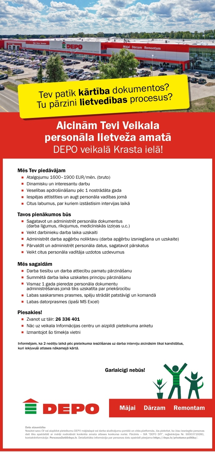 DEPO DIY, SIA Veikala personāla lietvedis/-e Krasta ielā