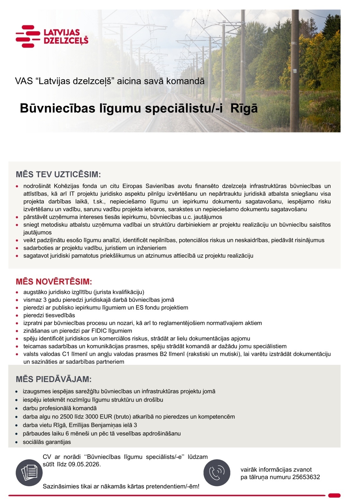 Latvijas dzelzceļš, VAS Būvniecības līgumu speciālists/-e (jurists/-e)