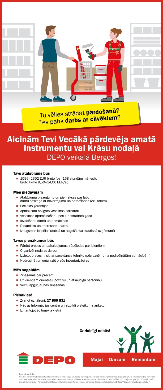 DEPO DIY, SIA Vecākais/-ā pārdevējs/-a instrumentu vai krāsu nodaļā Berģos