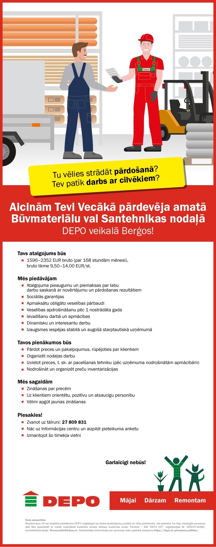 DEPO DIY, SIA Vecākais/-ā pārdevējs/-a būvmateriālu vai santehnikas nodaļā Berģos