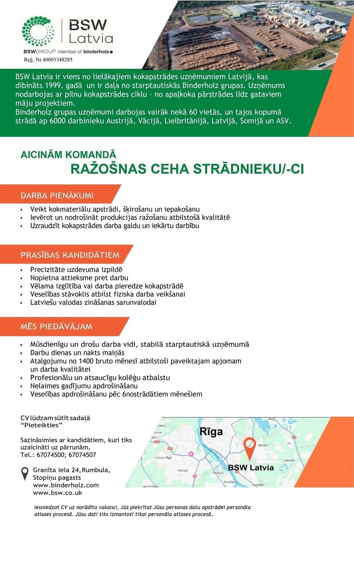 BSW LATVIA, SIA Ražošanas ceha strādnieks/-ce