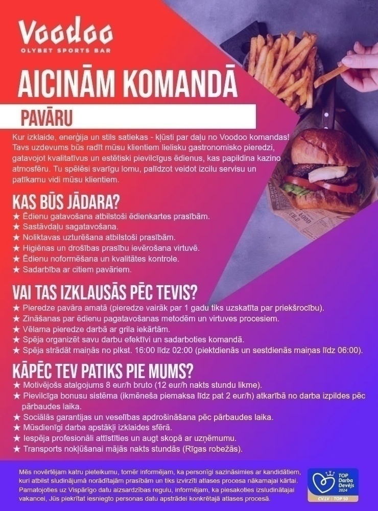 Olympic Casino Latvia, SIA Pavārs/-e "Olympic Voodoo Casino"