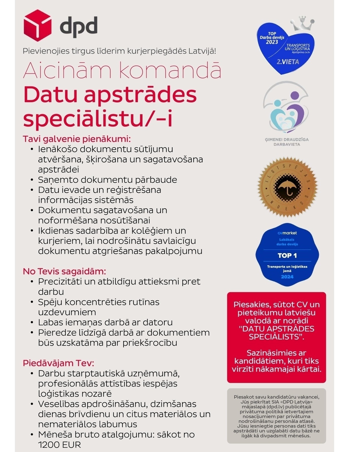 DPD Latvija, SIA Datu apstrādes speciālists/-e