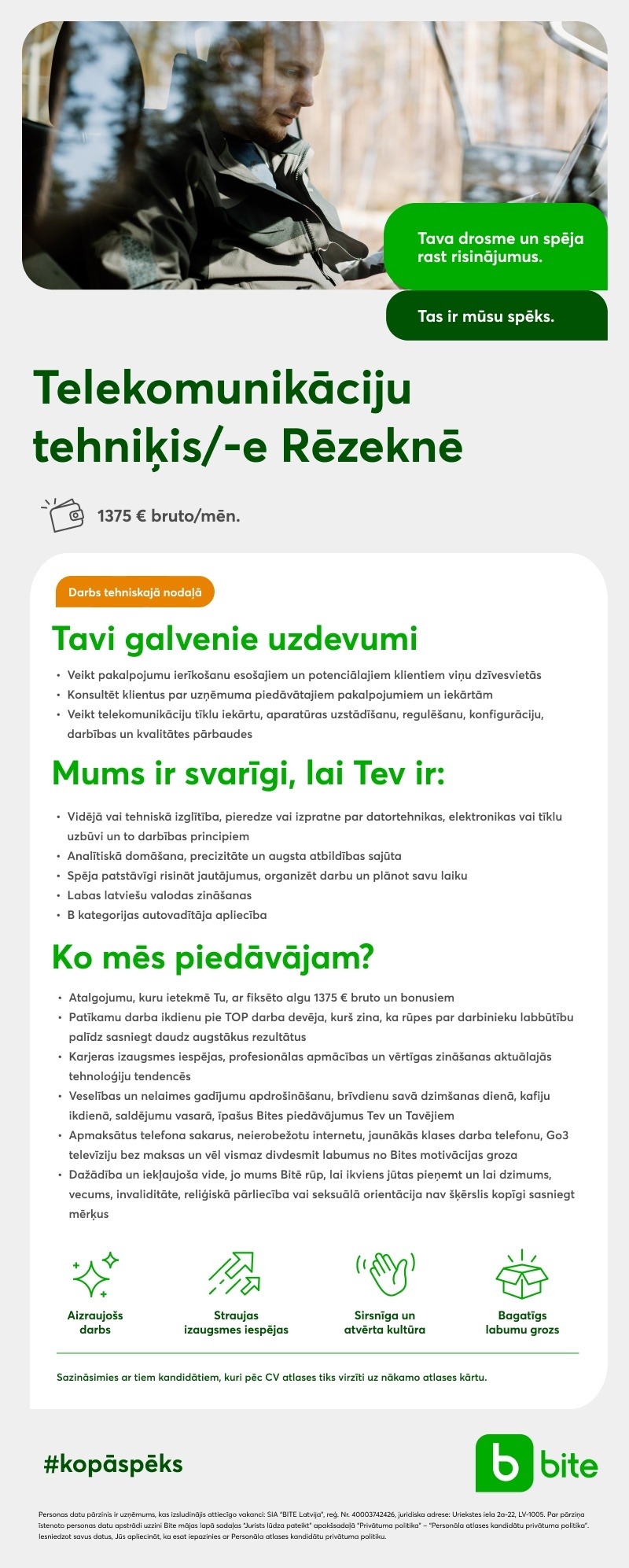 BITE Latvija, SIA Telekomunikāciju tehniķis/-e Rēzeknē
