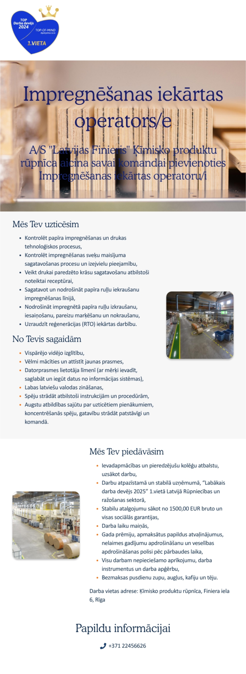AS "Latvijas Finieris" Impregnēšanas iekārtas operators/e