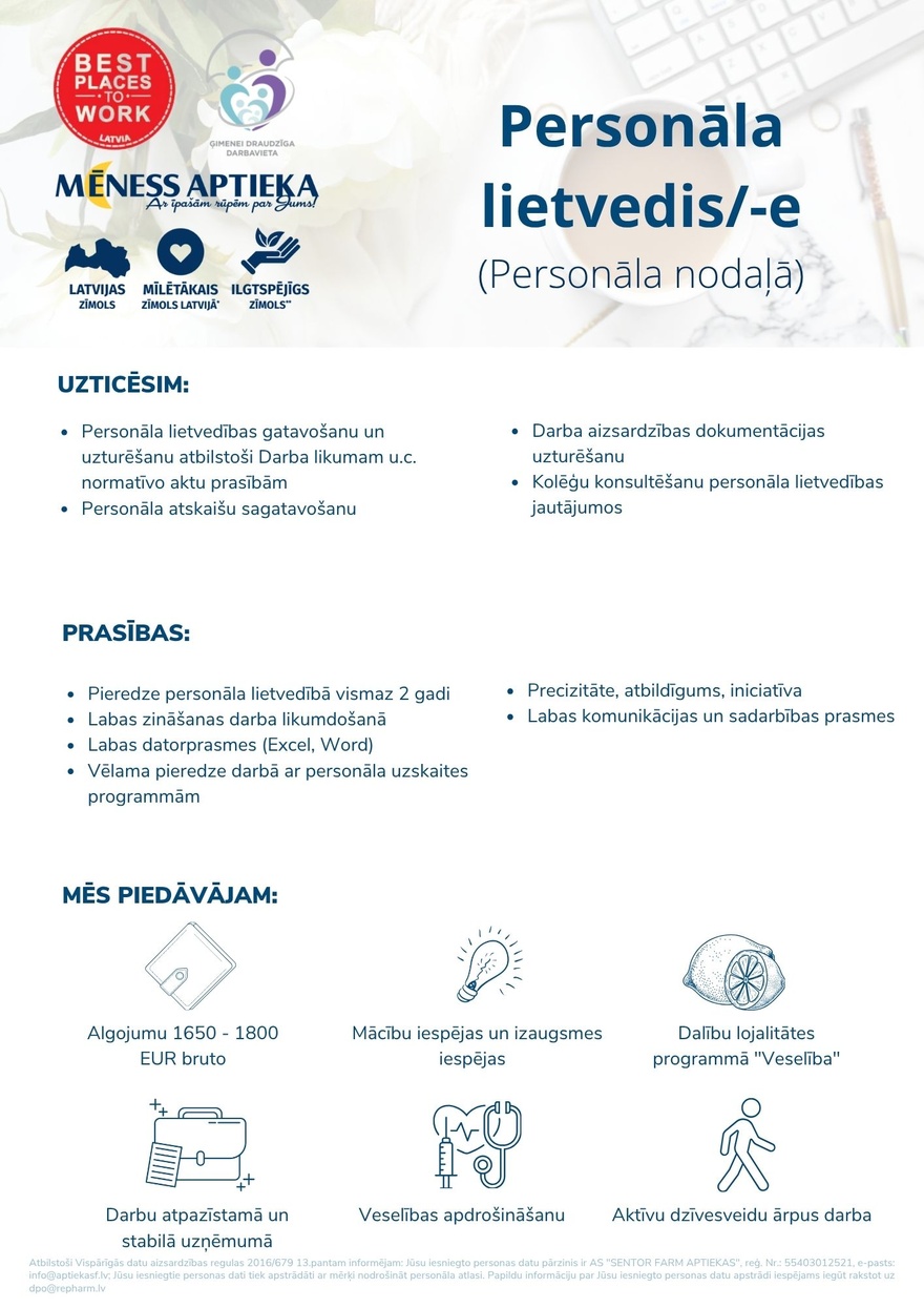 SENTOR FARM APTIEKAS, AS Personāla lietvedis/-e
