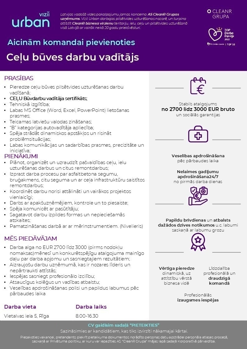 Vizii Urban, SIA Ceļu būves darbu vadītājs/-a