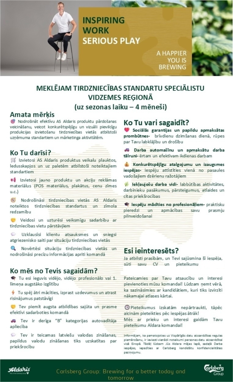 Aldaris, AS Tirdzniecības standartu speciālists/-e Vidzemes reģionā (uz laiku 4 mēn.)