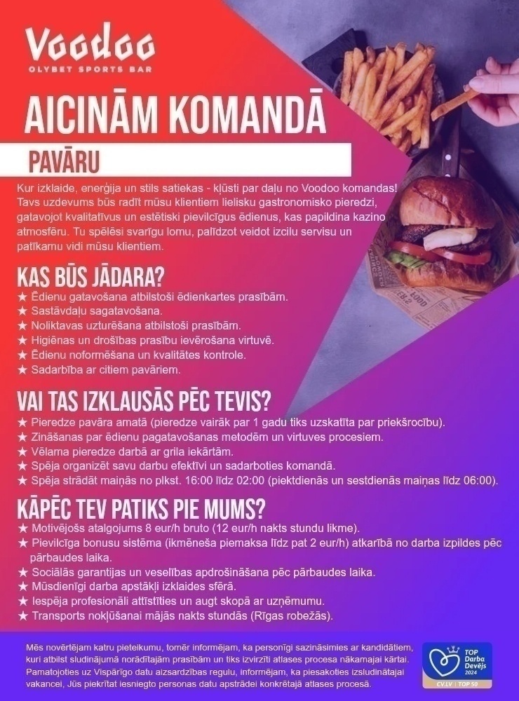 Olympic Casino Latvia, SIA Pavārs/-e "Olympic Voodoo Casino"