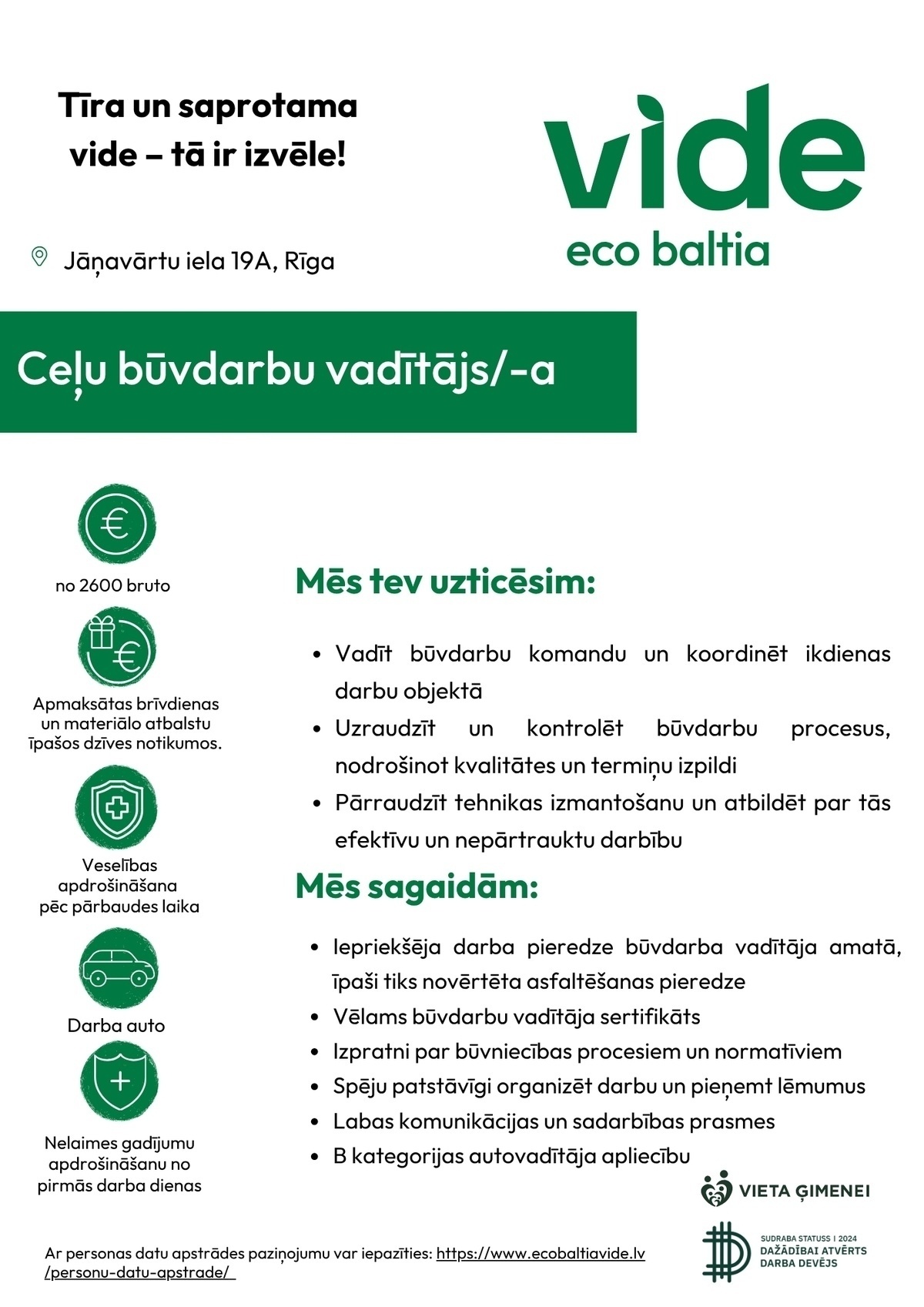 Eco Baltia vide, SIA Ceļu būvdarbu vadītājs/-a