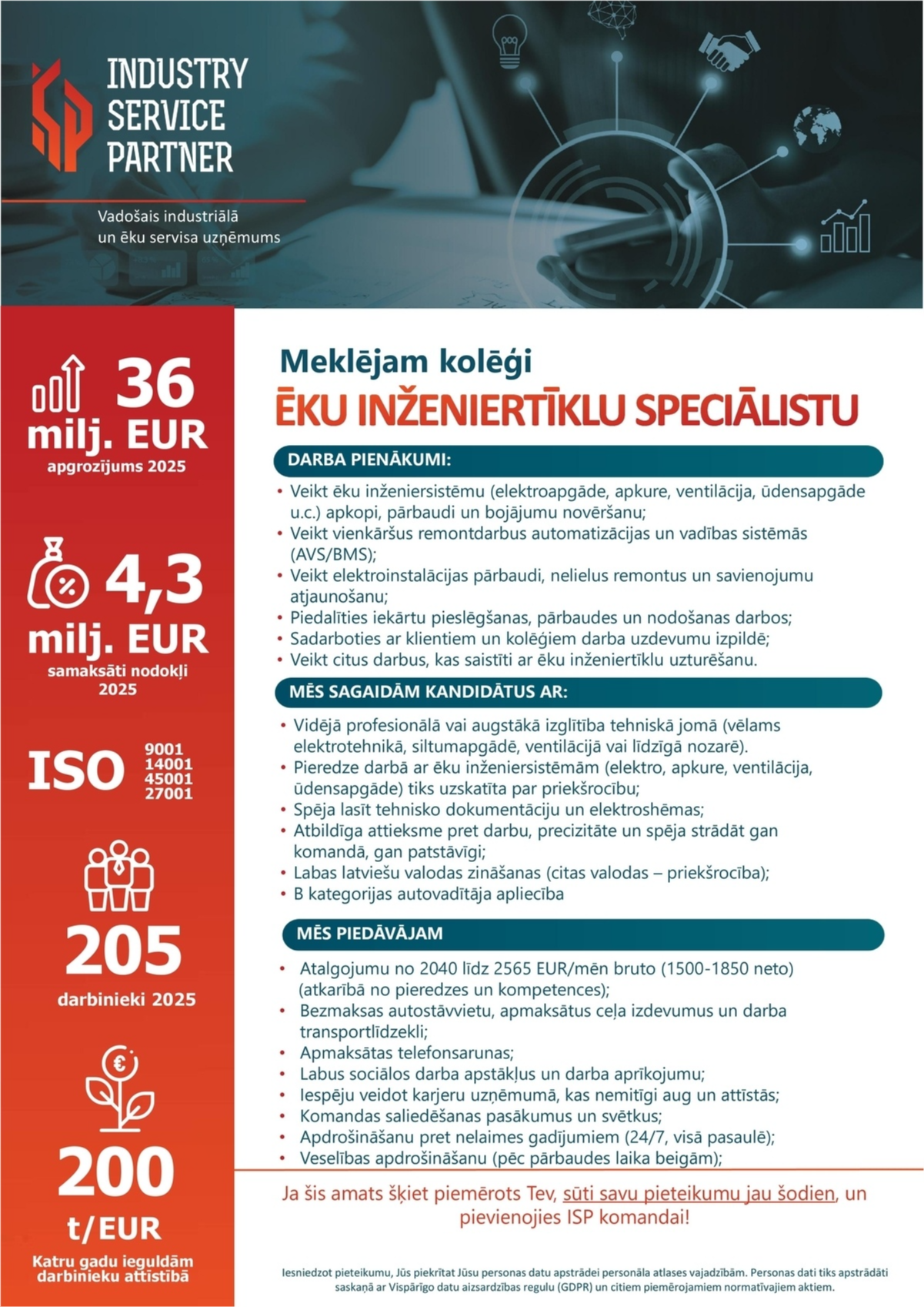 Industry Service Partner, SIA Ēku inženiertīklu speciālists/-e