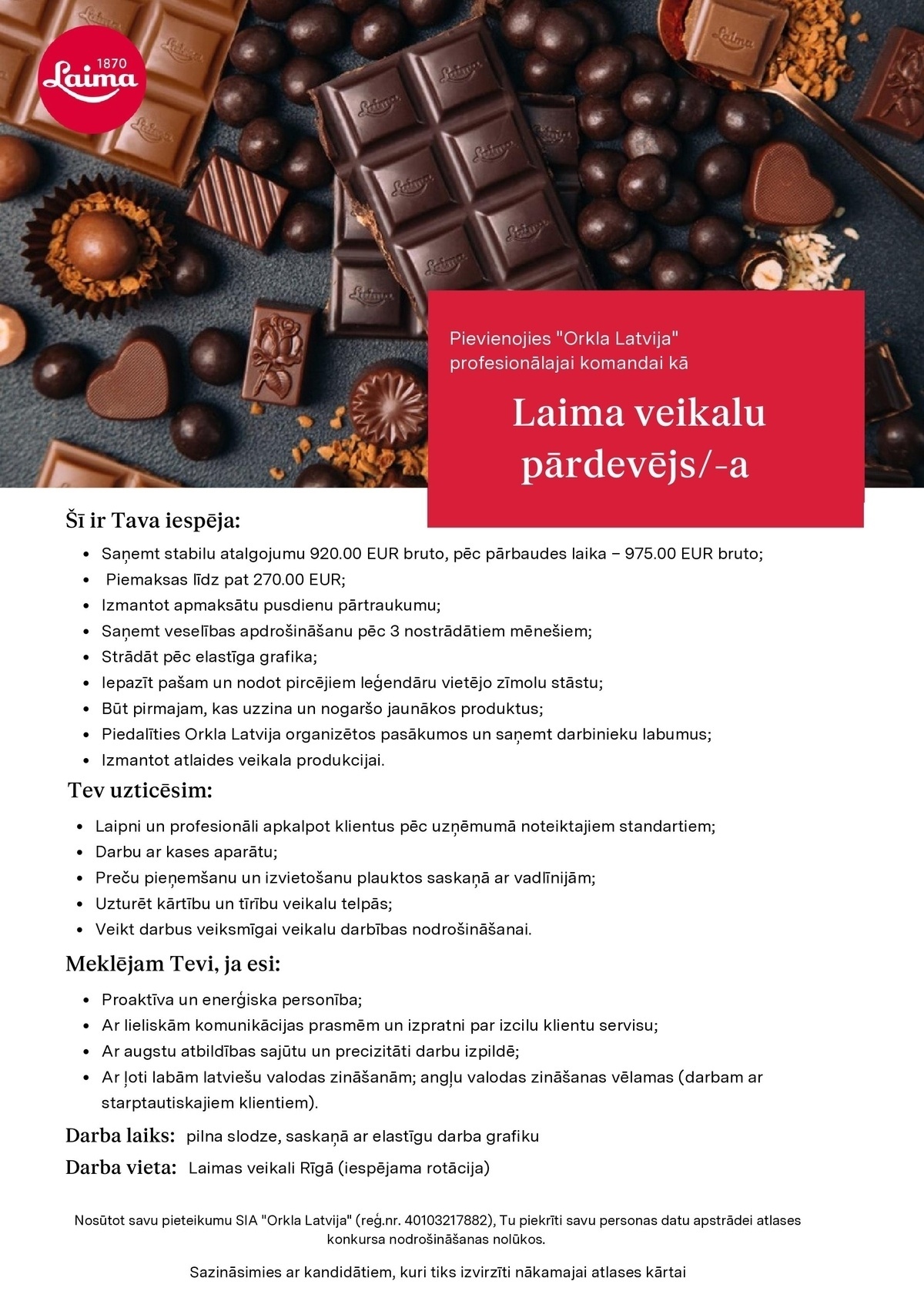 Orkla Latvija, SIA Pārdevējs/-a "Laima" veikalos