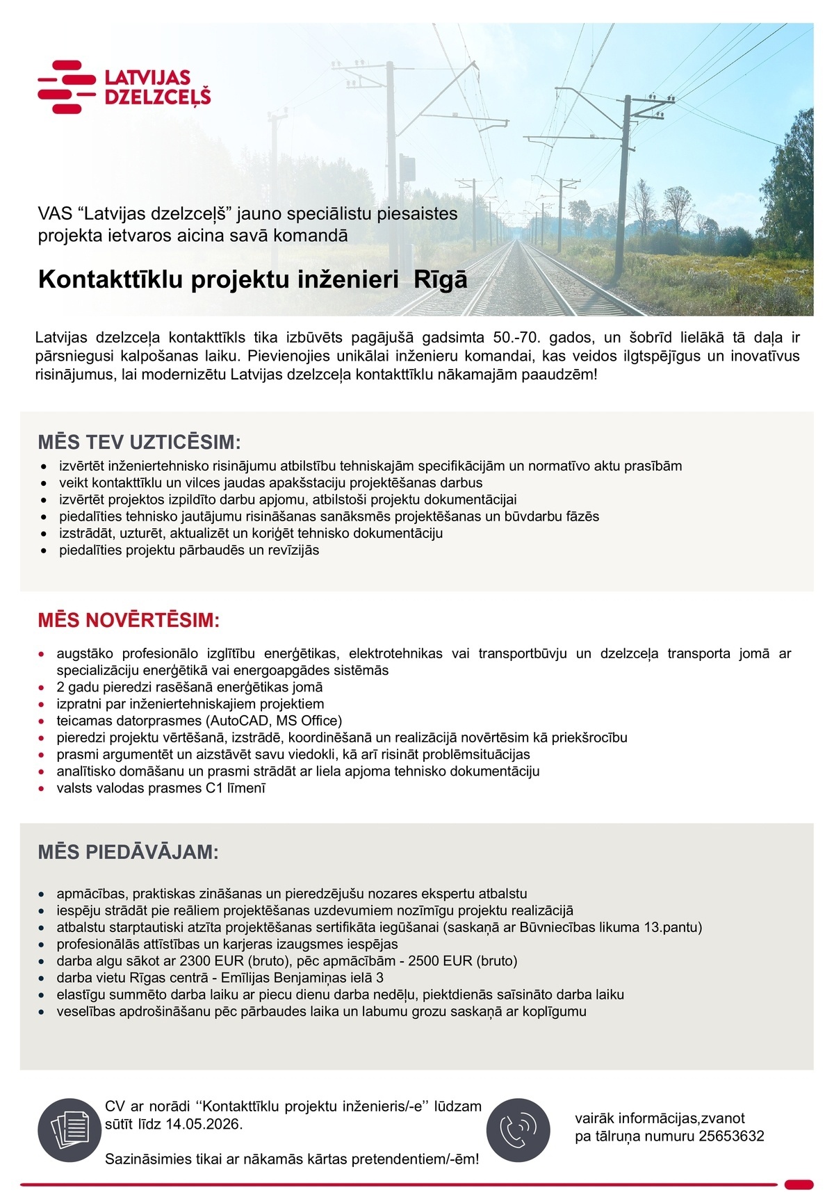 Latvijas dzelzceļš, VAS Kontakttīklu projektu inženieris/-e