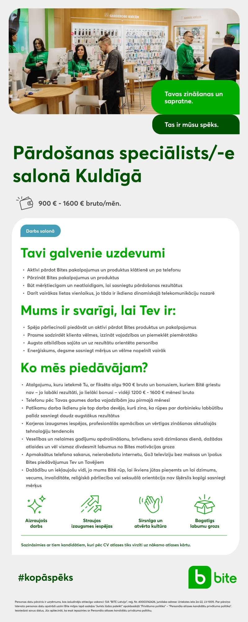 BITE Latvija, SIA Pārdošanas speciālists/-e salonā Kuldīgā