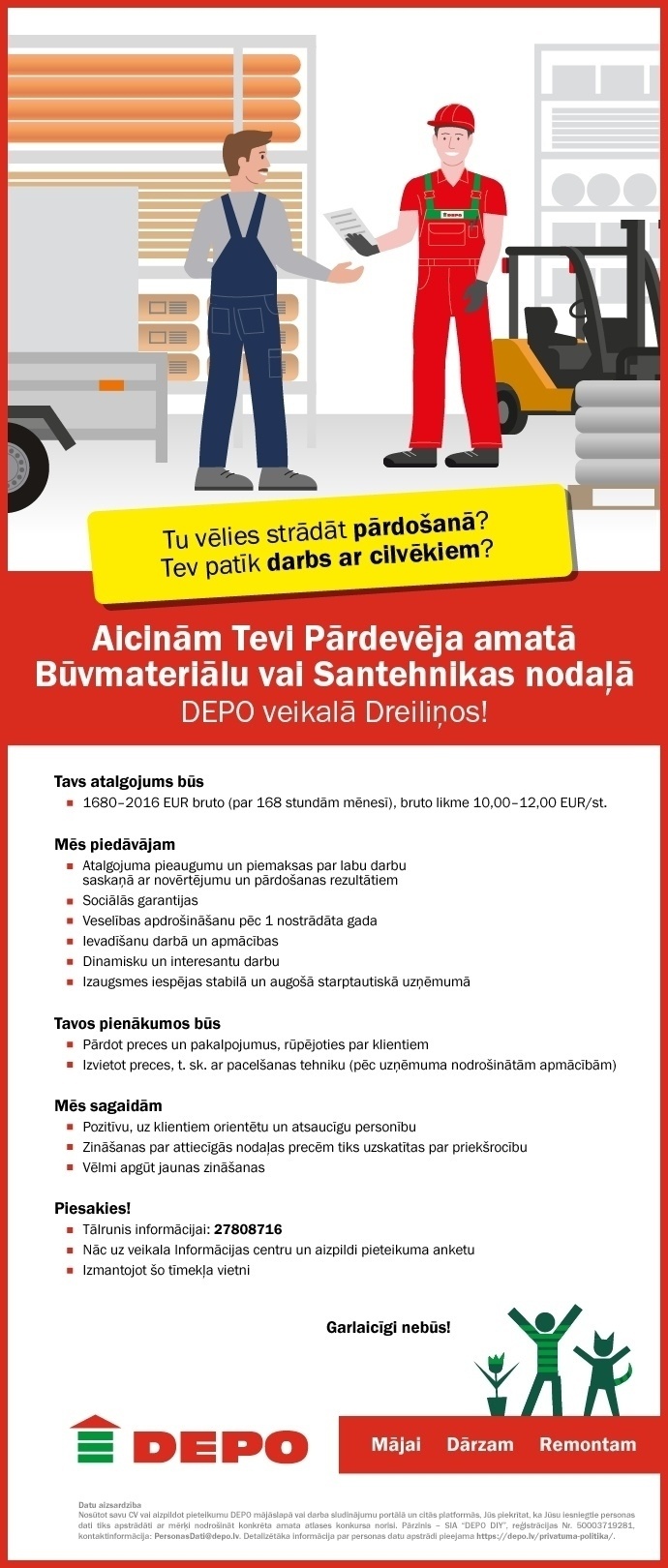 DEPO DIY, SIA Pārdevējs/-a būvmateriālu vai santehnikas nodaļās Dreiliņos