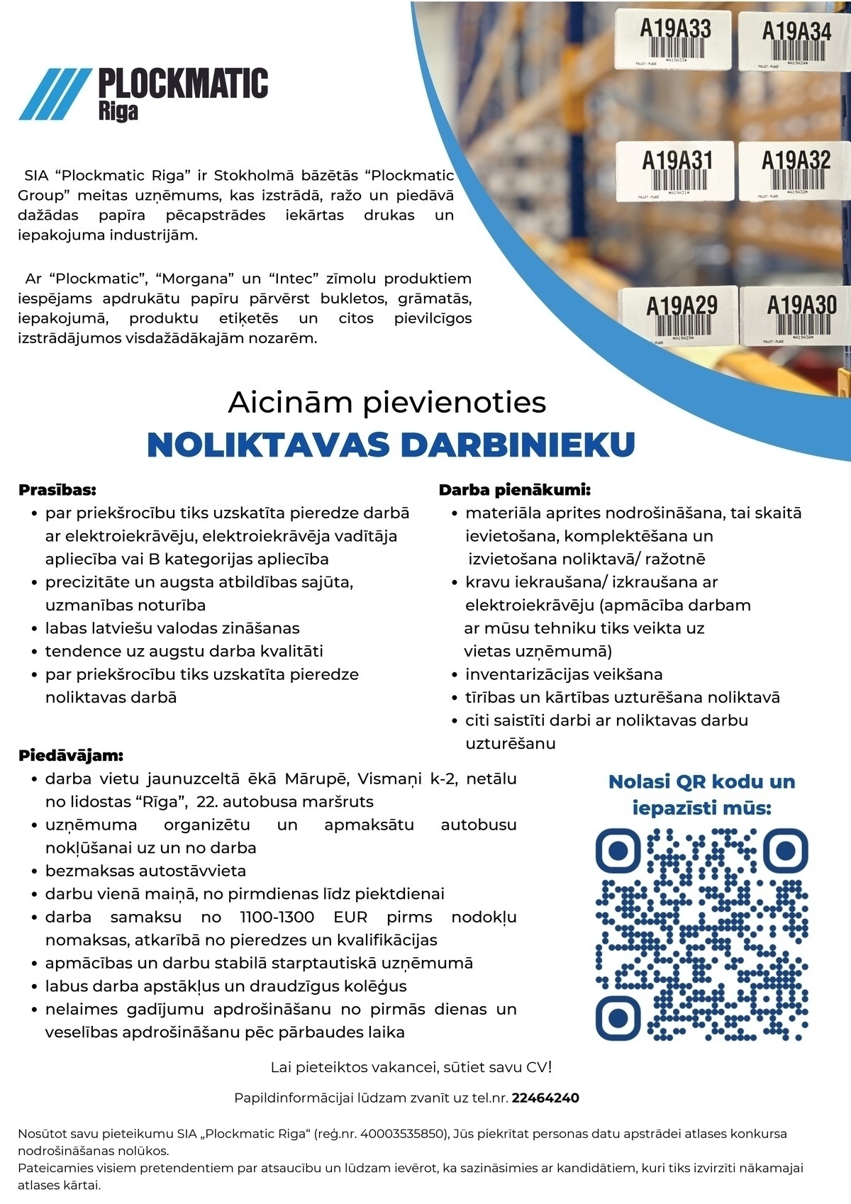 PLOCKMATIC RIGA, SIA Noliktavas darbinieks/-ce