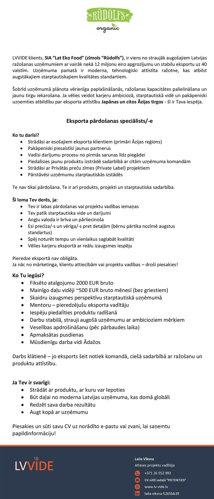 LVVIDE, SIA Eksporta pārdošanas speciālists/-e