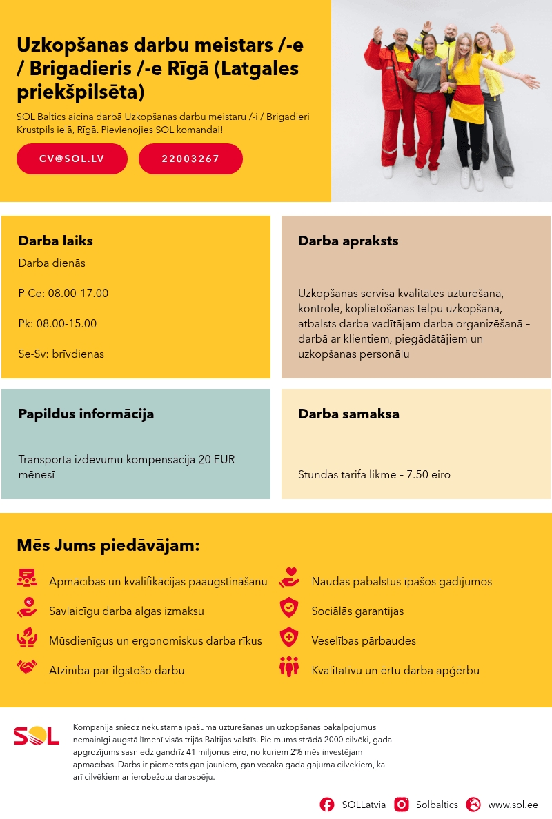 SOL BALTICS OU Latvijas filiāle Uzkopšanas darbu meistars /-e / Brigadieris /-e Rīgā (Latgales priekšpilsēta)