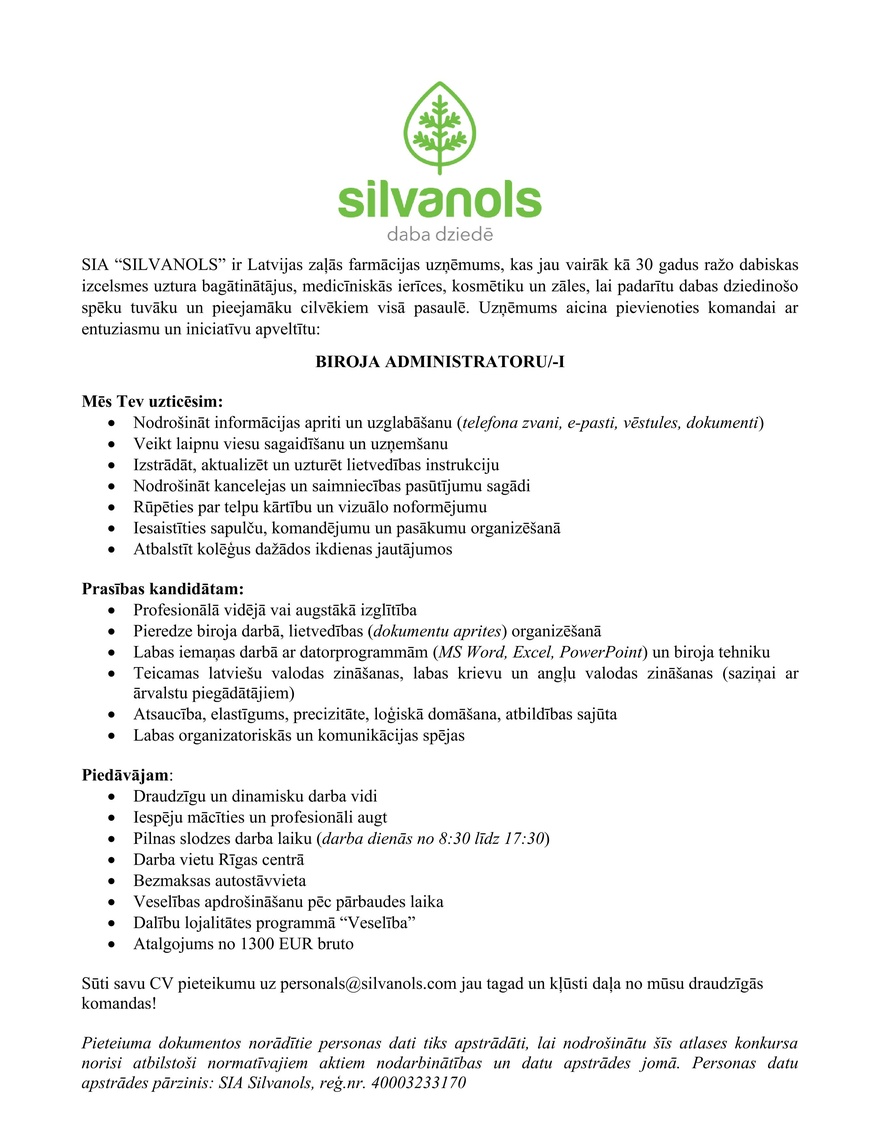 SIA "Silvanols" Biroja administrators/-e