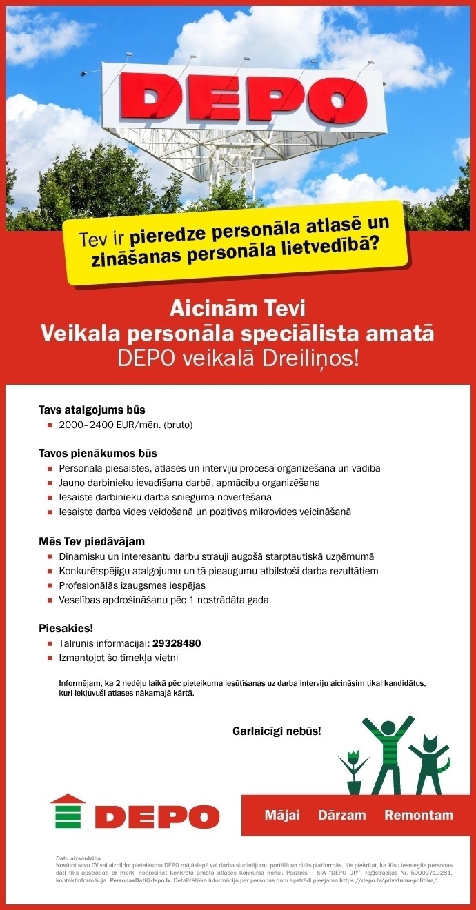 DEPO DIY, SIA Veikala personāla speciālists/-e Dreiliņos