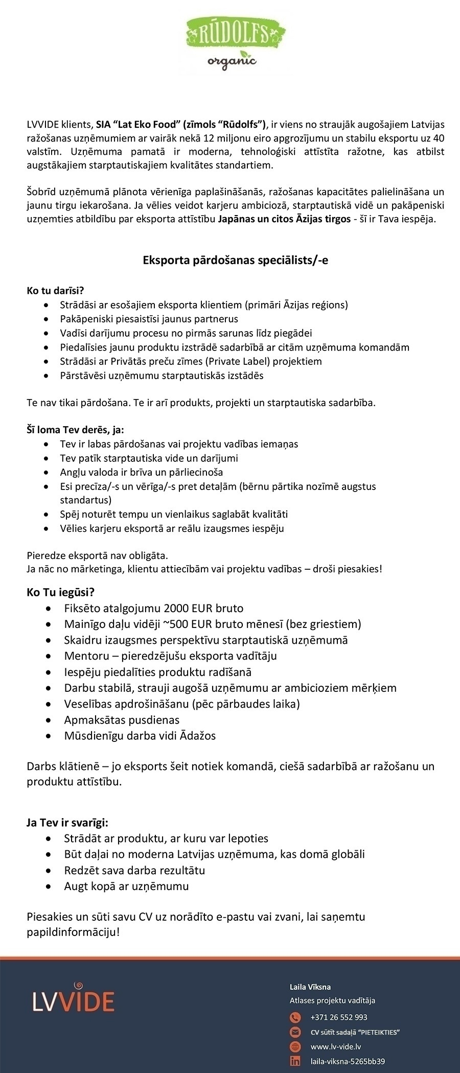 LVVIDE, SIA Eksporta pārdošanas speciālists/-e