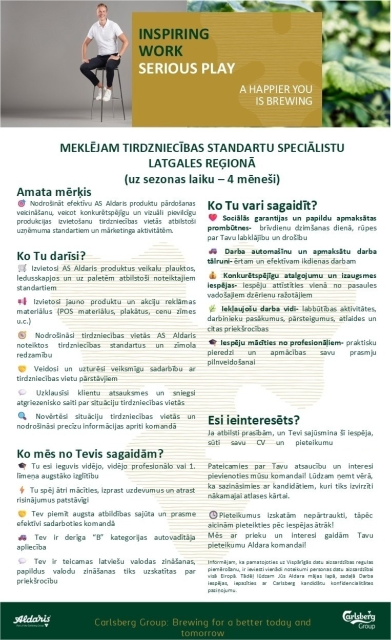 Aldaris, AS Tirdzniecības standartu speciālists/-e Latgales reģionā (uz laiku 4 mēn.)