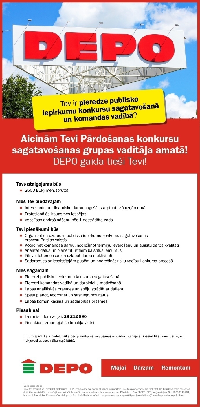 DEPO DIY, SIA Pārdošanas konkursu sagatavošanas grupas vadītājs/-a