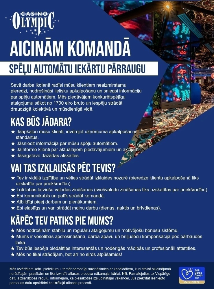 Olympic Casino Latvia, SIA Spēļu automātu iekārtu pārraugs/-dze "Olympic Voodoo Casino"