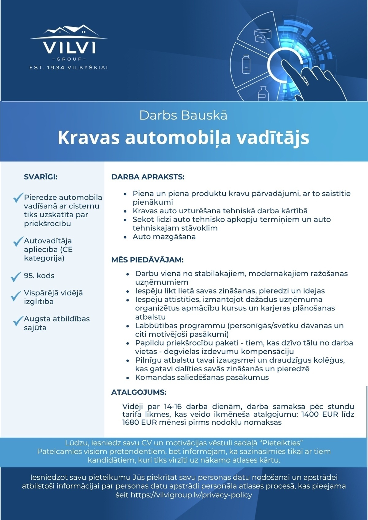 Baltic Dairy Board, SIA Kravas automobiļa vadītājs/-a