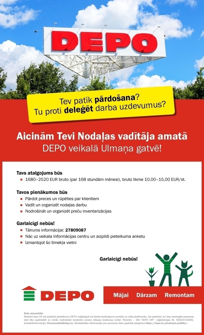 DEPO DIY, SIA Nodaļas vadītājs/-a Ulmaņa gatvē