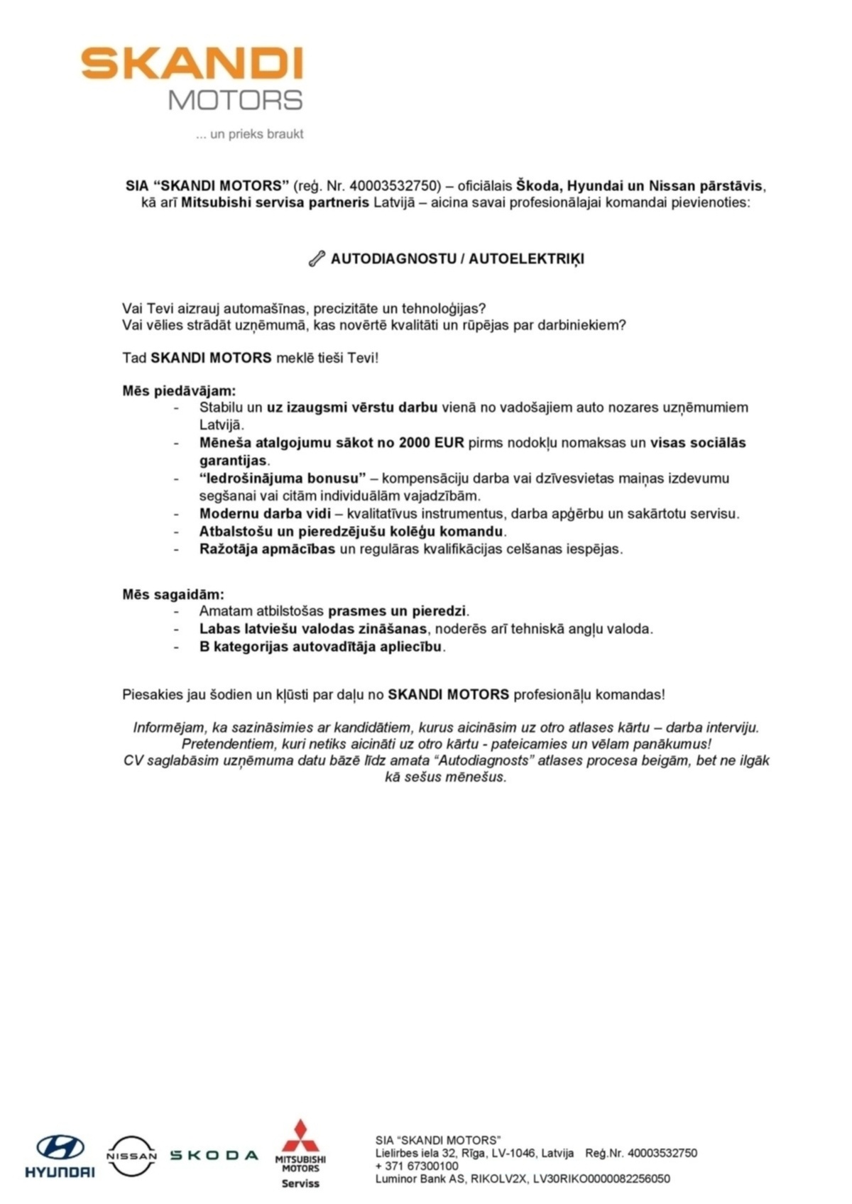 SKANDI MOTORS, SIA Autodiagnosts/-e / Autoelektriķis/-e