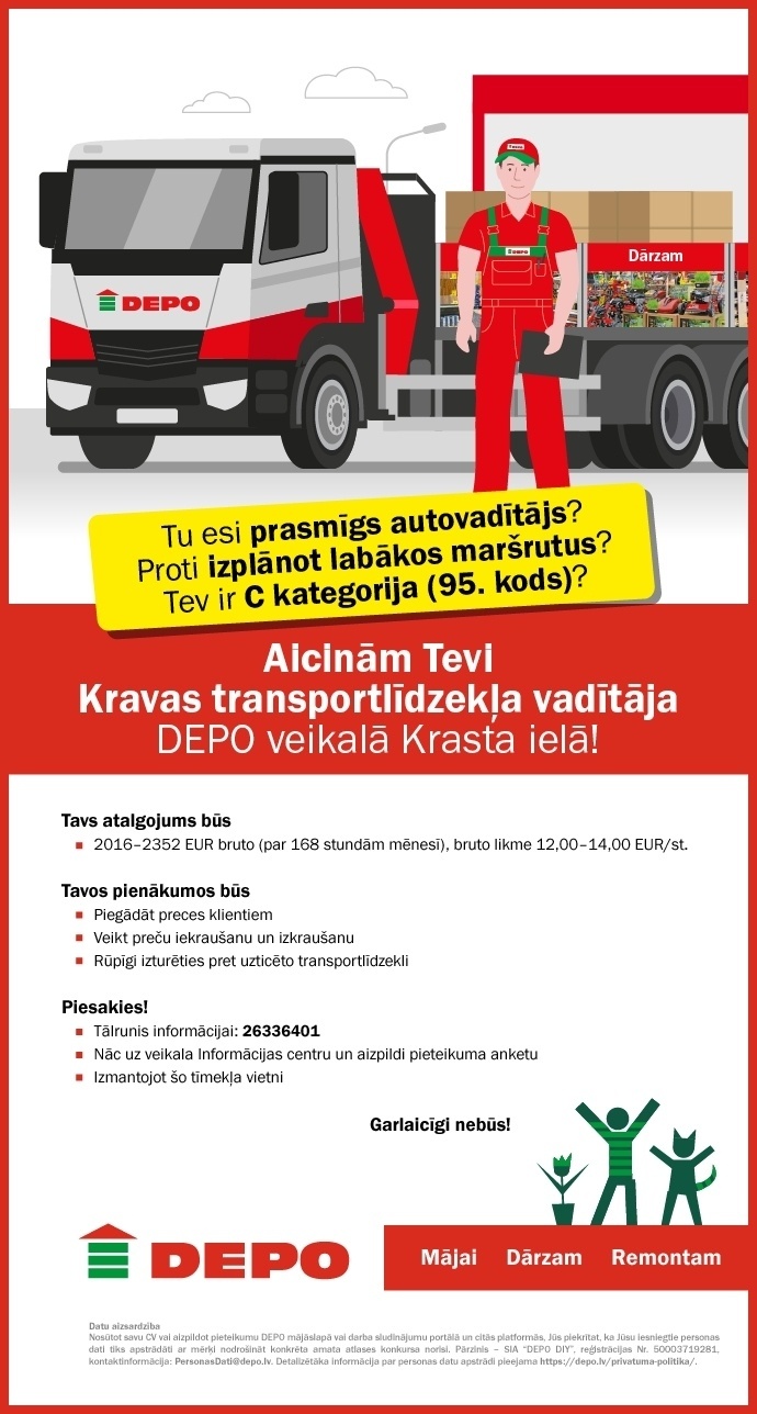 DEPO DIY, SIA Kravas transportlīdzekļa vadītājs/-a Krasta ielā