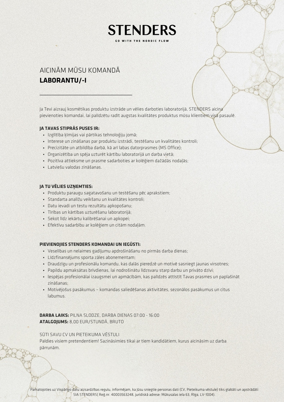 STENDERS, SIA Laborants/-e