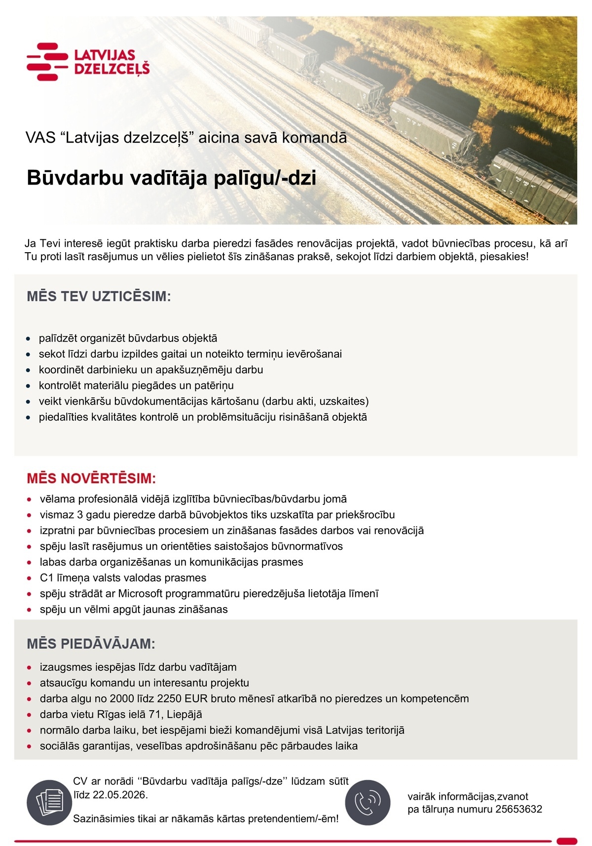 Latvijas dzelzceļš, VAS Būvdarbu vadītāja palīgs/-dze